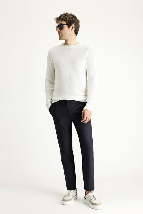 Koyu Lacivert Slim Fit Dar Kesim Beli Lastikli Keten Karışımlı Kanvas / Chino Pantolon