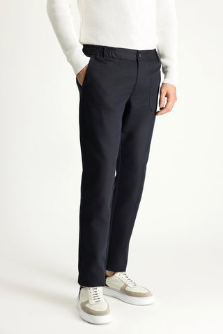  Koyu Lacivert 7 Drop Slim Fit Dar Kesim Beli Lastikli Keten Karışımlı Kanvas / Chino Pantolon