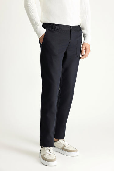  Koyu Lacivert Slim Fit Dar Kesim Beli Lastikli Keten Karışımlı Kanvas / Chino Pantolon