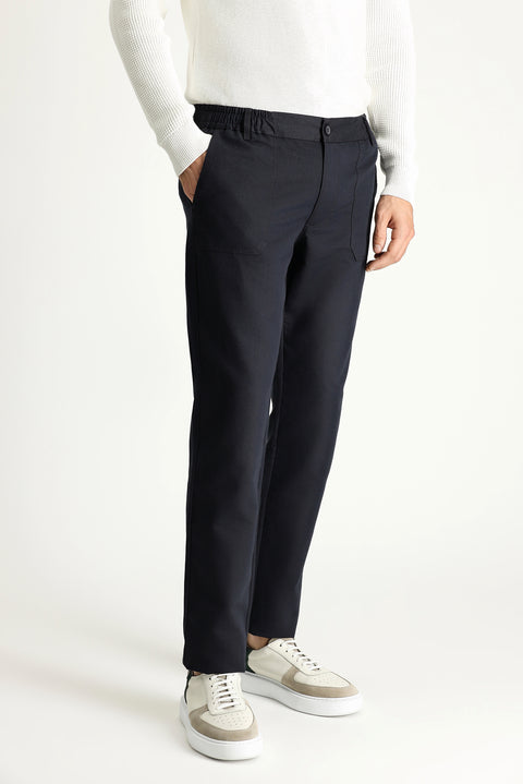 Koyu Lacivert Slim Fit Dar Kesim Beli Lastikli Keten Karışımlı Kanvas / Chino Pantolon