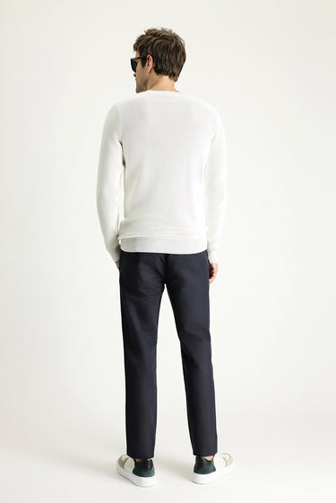 Koyu Lacivert Slim Fit Dar Kesim Beli Lastikli Keten Karışımlı Kanvas / Chino Pantolon