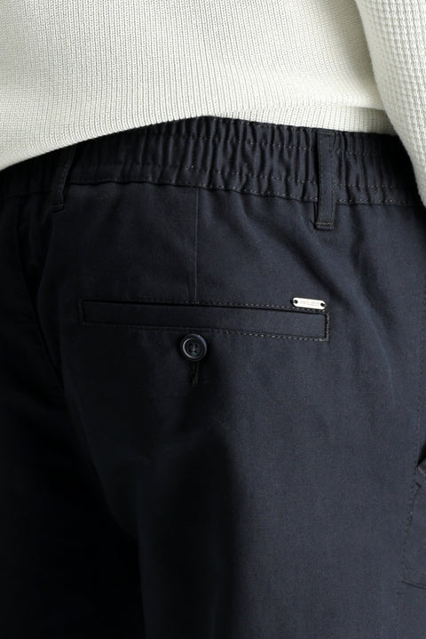 Koyu Lacivert Slim Fit Dar Kesim Beli Lastikli Keten Karışımlı Kanvas / Chino Pantolon