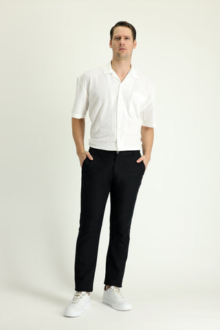  Siyah 6 Drop Regular Fit Standart Kesim Beli Lastikli Pamuklu Keten Karışımlı Kanvas / Chino Pantolon