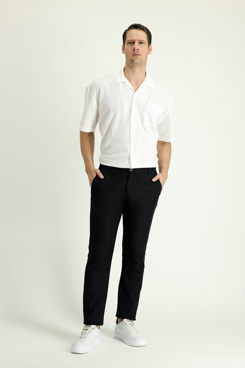 Siyah Regular Fit Standart Kesim Beli Lastikli Pamuklu Keten Kanvas / Chino Pantolon