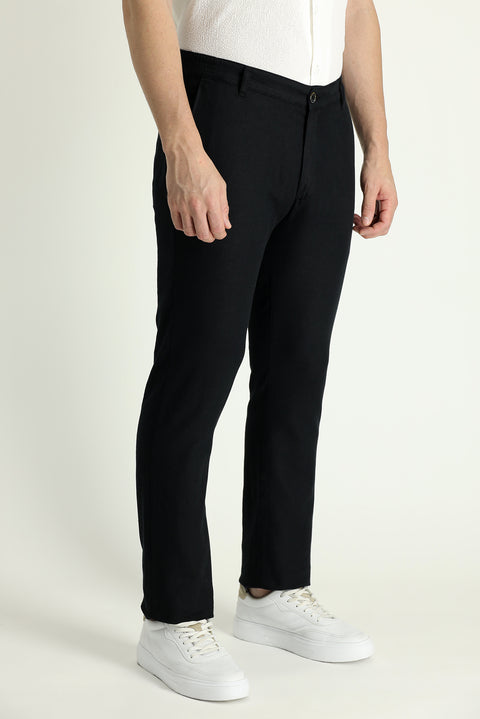 Siyah Regular Fit Standart Kesim Beli Lastikli Pamuklu Keten Kanvas / Chino Pantolon