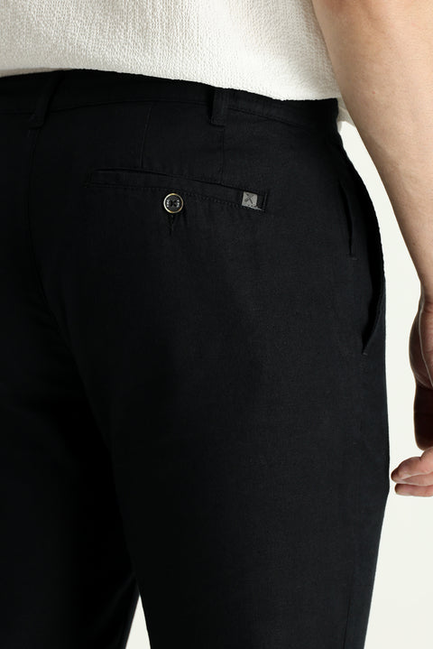 Siyah Regular Fit Standart Kesim Beli Lastikli Pamuklu Keten Kanvas / Chino Pantolon