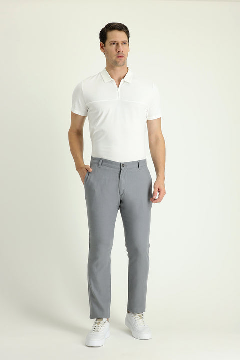 Orta Gri Regular Fit Standart Kesim Beli Lastikli Pamuklu Keten Karışımlı Kanvas / Chino Pantolon