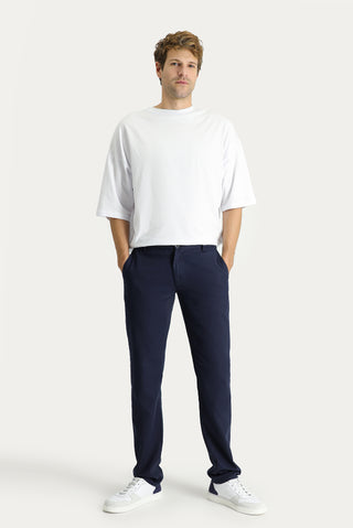 Koyu Lacivert 6 Drop Regular Fit Standart Kesim Beli Lastikli Pamuklu Keten Karışımlı Kanvas / Chino Pantolon