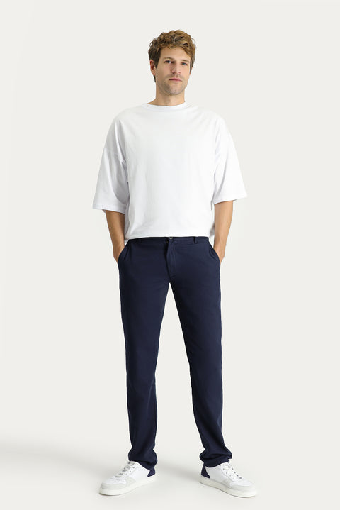 Koyu Lacivert Regular Fit Standart Kesim Beli Lastikli Pamuklu Keten Karışımlı Kanvas / Chino Pantolon