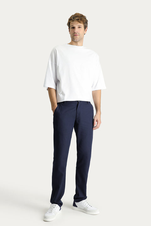 Koyu Lacivert Regular Fit Standart Kesim Beli Lastikli Pamuklu Keten Karışımlı Kanvas / Chino Pantolon
