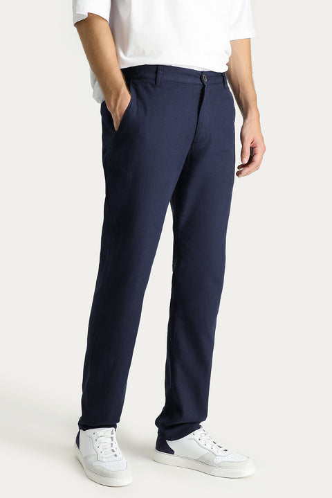 Koyu Lacivert Regular Fit Standart Kesim Beli Lastikli Pamuklu Keten Karışımlı Kanvas / Chino Pantolon