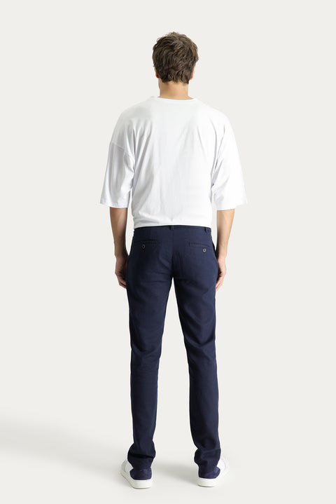 Koyu Lacivert Regular Fit Standart Kesim Beli Lastikli Pamuklu Keten Karışımlı Kanvas / Chino Pantolon