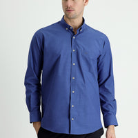 Orta Lacivert Uzun Kol Regular Fit Keten Görünümlü Pamuk Gömlek