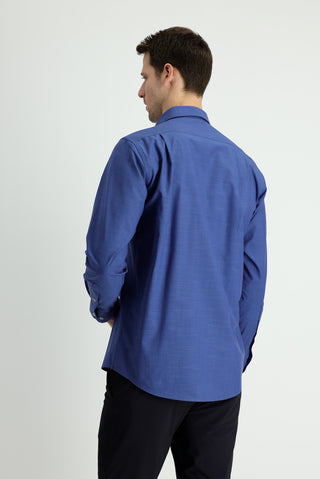  Orta Lacivert Uzun Kol Regular Fit Keten Görünümlü Pamuk Gömlek