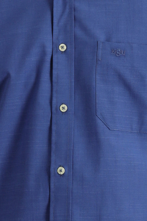 Orta Lacivert Uzun Kol Regular Fit Keten Görünümlü Pamuk Gömlek