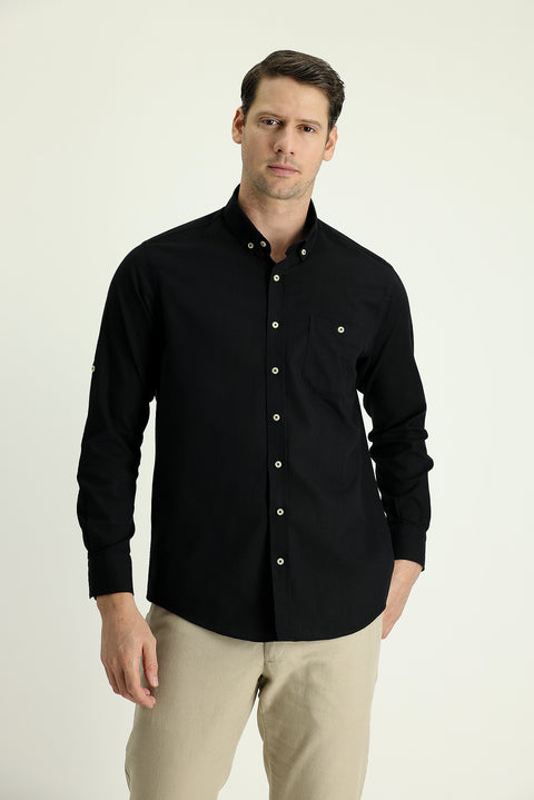 Siyah Uzun Kol Regular Fit Pamuk Spor Gömlek