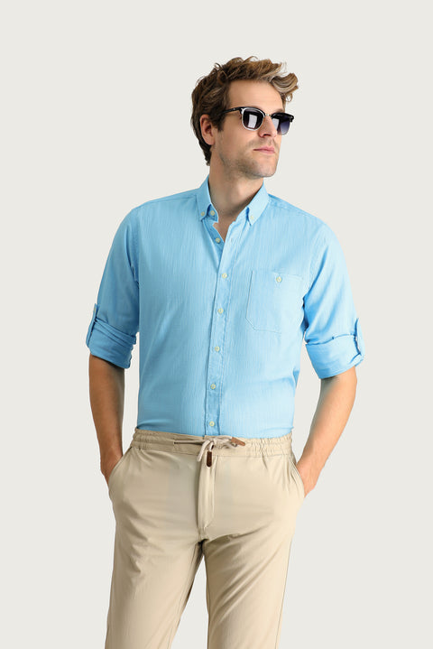 Açık Turkuaz Uzun Kol Regular Fit Pamuk Spor Gömlek