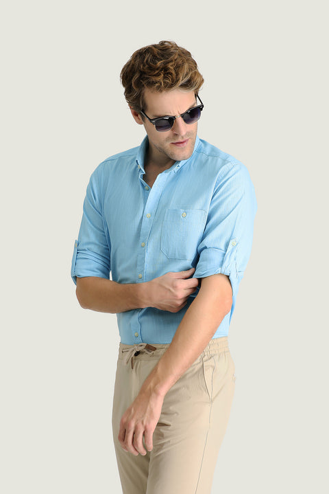 Açık Turkuaz Uzun Kol Regular Fit Pamuk Spor Gömlek