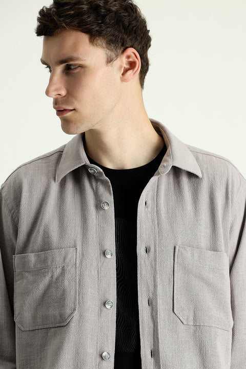 Orta Gri Uzun Kol Regular Fit Cepli Pamuk Spor Gömlek