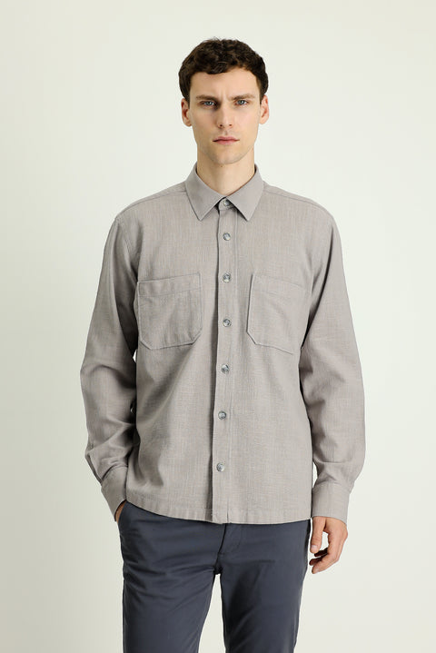 Orta Gri Uzun Kol Regular Fit Cepli Pamuk Spor Gömlek