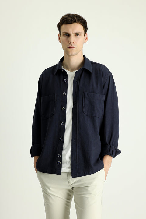 Koyu Lacivert Uzun Kol Regular Fit Cepli Pamuk Spor Gömlek