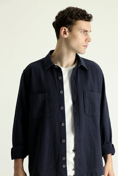 Koyu Lacivert Uzun Kol Regular Fit Cepli Pamuk Spor Gömlek