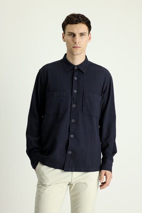 Koyu Lacivert Uzun Kol Regular Fit Cepli Pamuk Spor Gömlek