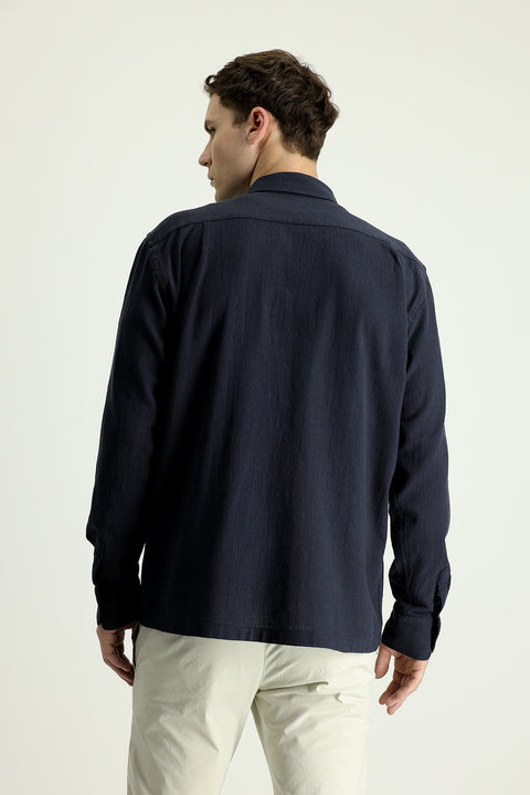 Koyu Lacivert Uzun Kol Regular Fit Cepli Pamuk Spor Gömlek