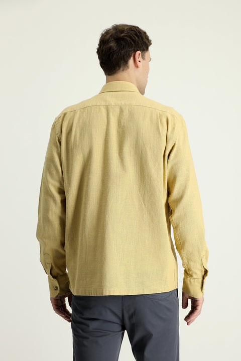 Koyu Bej Uzun Kol Regular Fit Cepli Pamuk Spor Gömlek