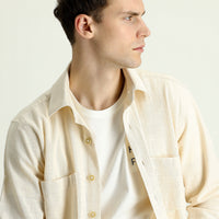 Ekru Uzun Kol Regular Fit Cepli Pamuk Spor Gömlek