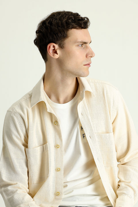 Ekru Uzun Kol Regular Fit Cepli Pamuk Spor Gömlek