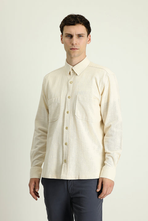 Ekru Uzun Kol Regular Fit Cepli Pamuk Spor Gömlek