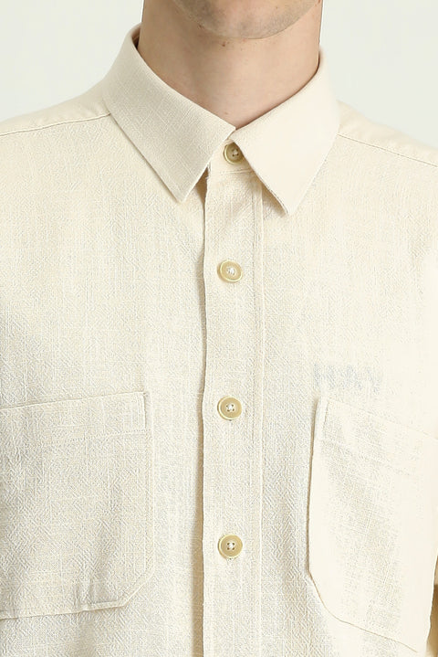 Ekru Uzun Kol Regular Fit Cepli Pamuk Spor Gömlek