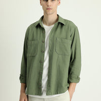 Orta Haki Uzun Kol Regular Fit Cepli Pamuk Spor Gömlek