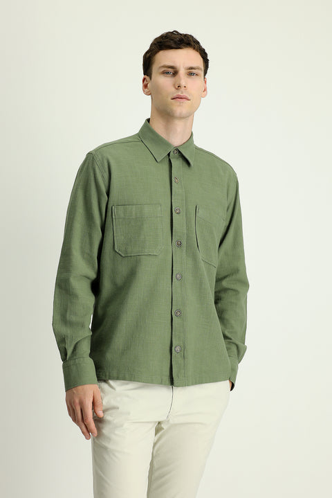 Orta Haki Uzun Kol Regular Fit Cepli Pamuk Spor Gömlek