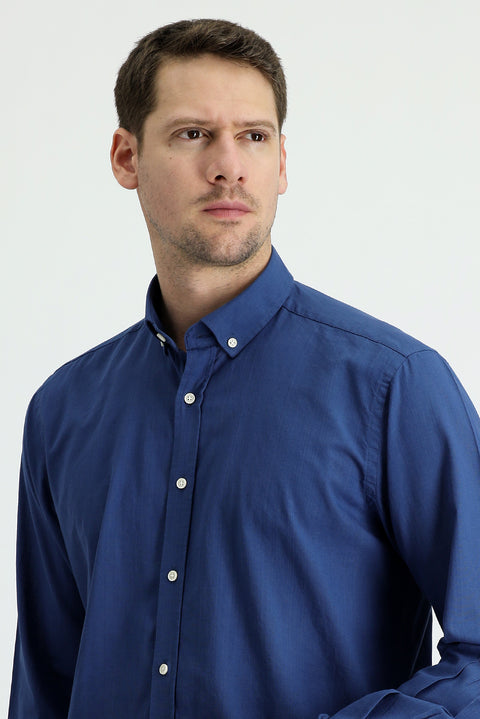 Orta Lacivert Uzun Kol Regular Fit Keten Görünümlü Pamuk Spor Düğmeli Yaka Şantuk Gömlek