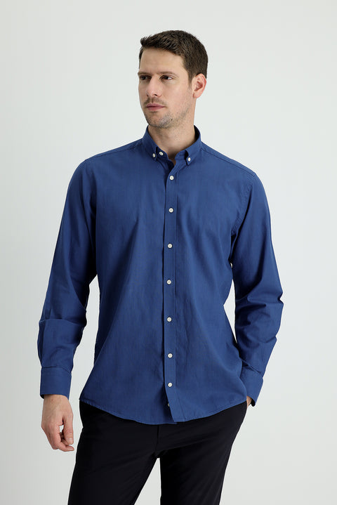 Orta Lacivert Uzun Kol Regular Fit Keten Görünümlü Pamuk Spor Düğmeli Yaka Şantuk Gömlek