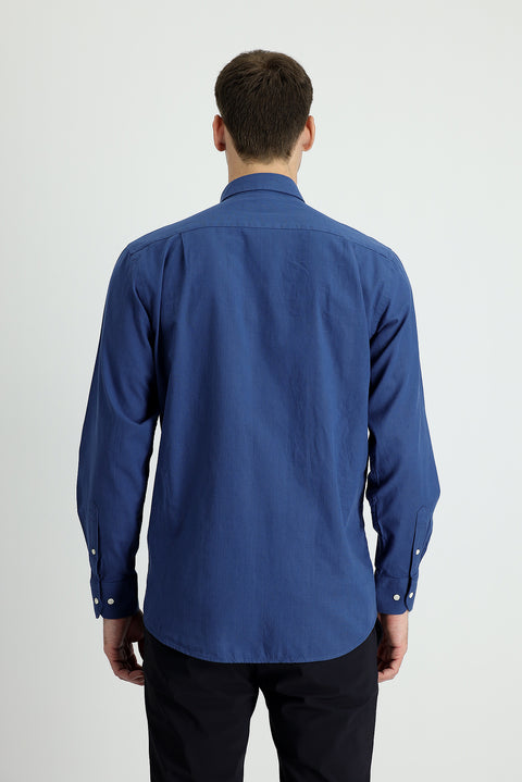 Orta Lacivert Uzun Kol Regular Fit Keten Görünümlü Pamuk Spor Düğmeli Yaka Şantuk Gömlek