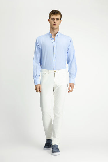 Açık Mavi Uzun Kol Regular Fit Keten Görünümlü Pamuk Spor Düğmeli Yaka Şantuk Gömlek
