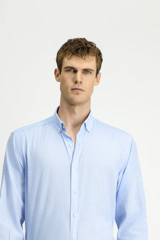  Açık Mavi Uzun Kol Regular Fit Keten Görünümlü Pamuk Spor Düğmeli Yaka Şantuk Gömlek