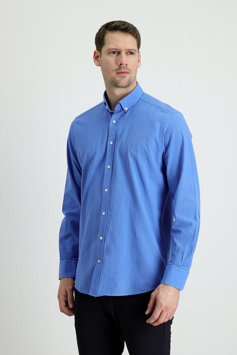 Havacı Mavi Uzun Kol Regular Fit Keten Görünümlü Pamuk Spor Düğmeli Yaka Şantuk Gömlek