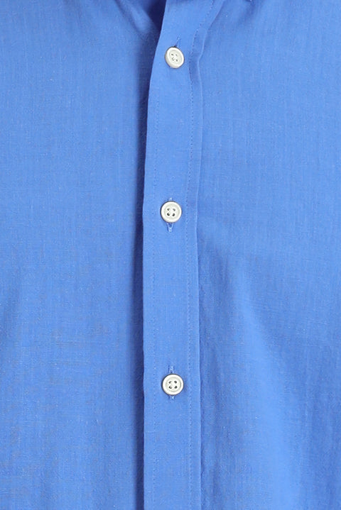 Havacı Mavi Uzun Kol Regular Fit Keten Görünümlü Pamuk Spor Düğmeli Yaka Şantuk Gömlek