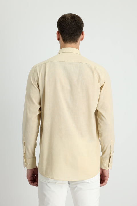 Açık Bej Uzun Kol Regular Fit Keten Görünümlü Pamuk Spor Düğmeli Yaka Şantuk Gömlek