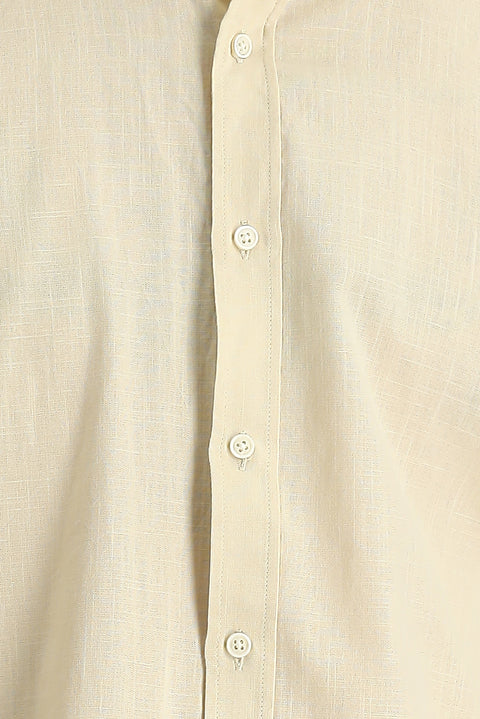 Açık Bej Uzun Kol Regular Fit Keten Görünümlü Pamuk Spor Düğmeli Yaka Şantuk Gömlek