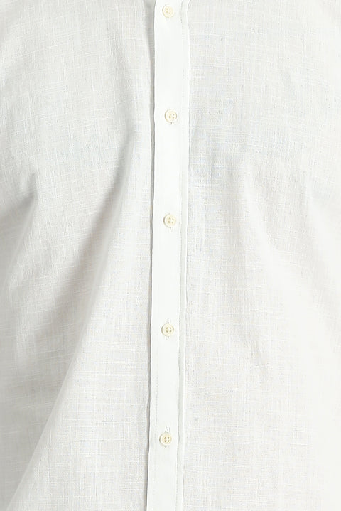 Beyaz Uzun Kol Regular Fit Keten Görünümlü Pamuk Spor Düğmeli Yaka Şantuk Gömlek