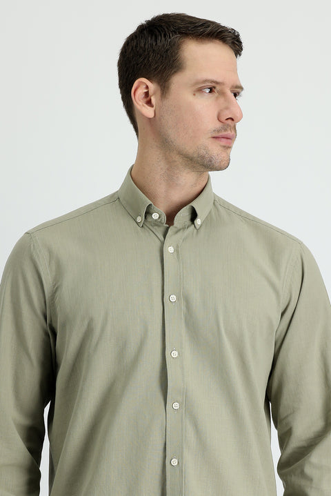 Açık Haki Uzun Kol Regular Fit Keten Görünümlü Pamuk Spor Düğmeli Yaka Şantuk Gömlek