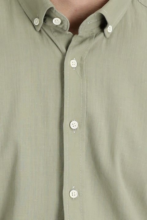 Açık Haki Uzun Kol Regular Fit Keten Görünümlü Pamuk Spor Düğmeli Yaka Şantuk Gömlek