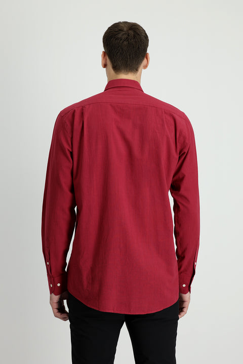 Açık Bordo Uzun Kol Regular Fit Keten Görünümlü Pamuk Spor Düğmeli Yaka Şantuk Gömlek