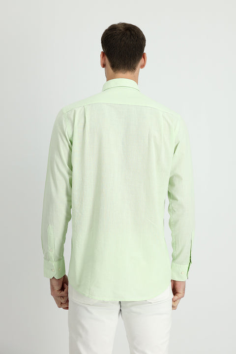 Mint Yeşili Uzun Kol Regular Fit Keten Görünümlü Pamuk Spor Düğmeli Yaka Şantuk Gömlek