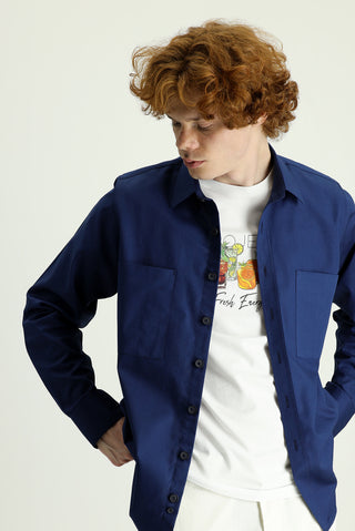  Koyu Lacivert Uzun Kol Cepli Oversize Pamuk Gömlek